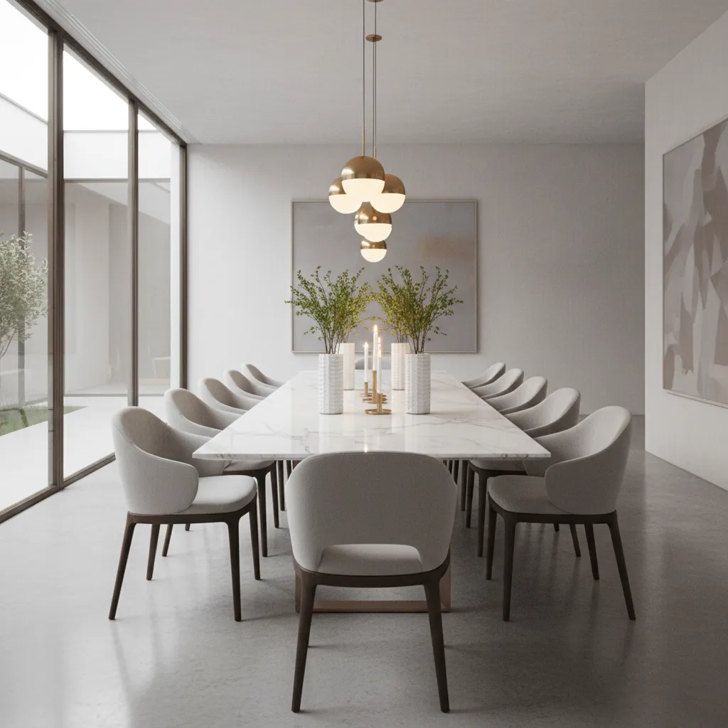 Large dining table decorated with three vases and candles