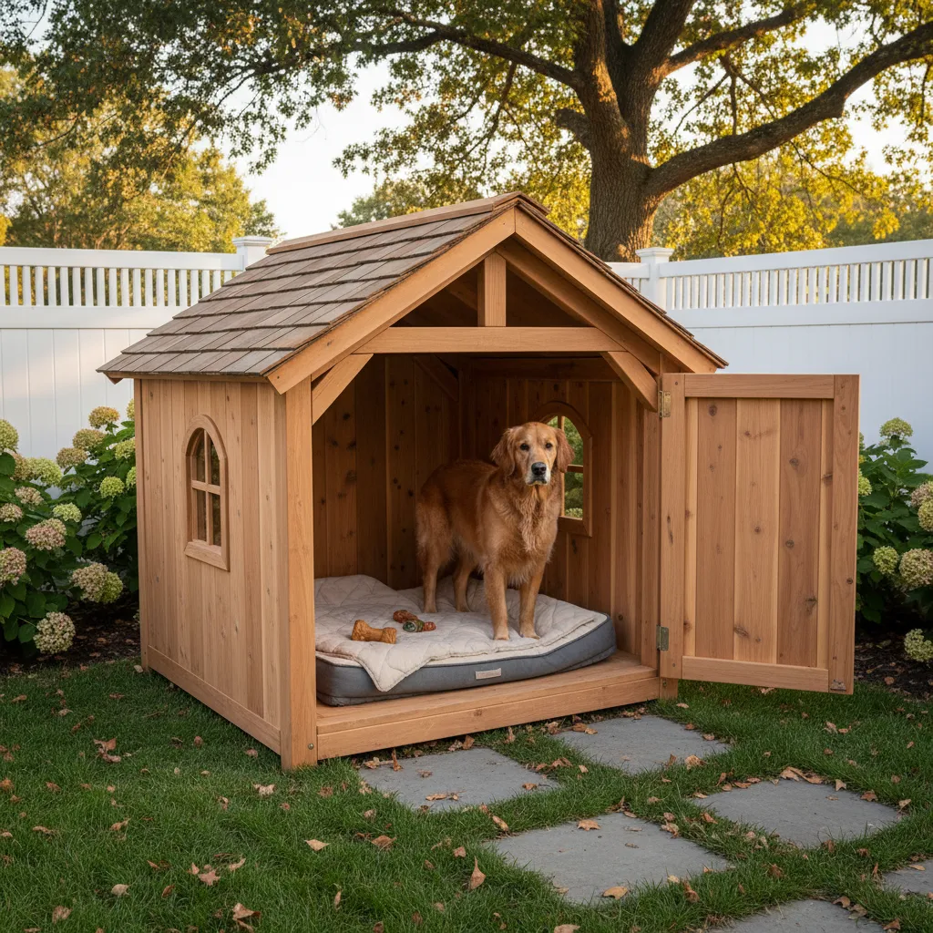 Large wooden dog house with open side door golden retriever standing on bed inside backyard