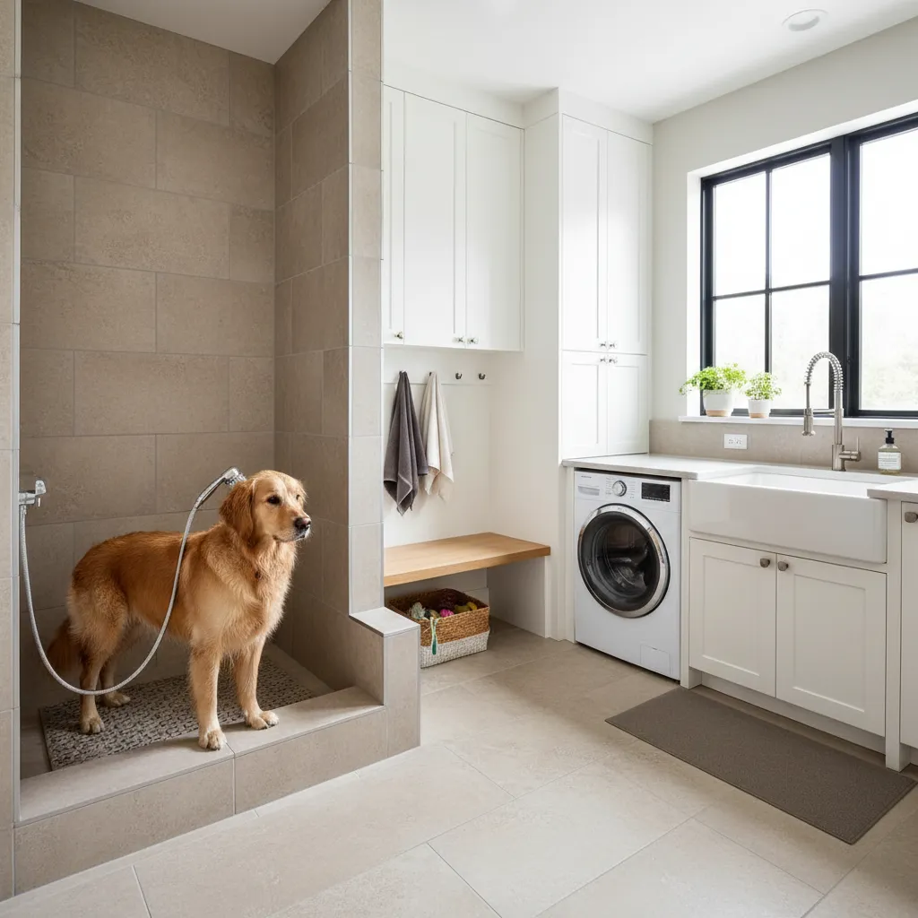 Large dog standing comfortably in a tiled indoor dog wash station