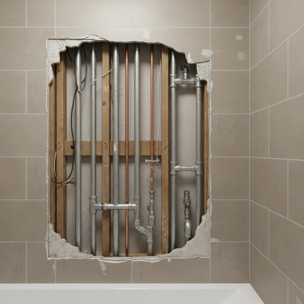 Large bathroom wall opening revealing plumbing pipes behind drywall