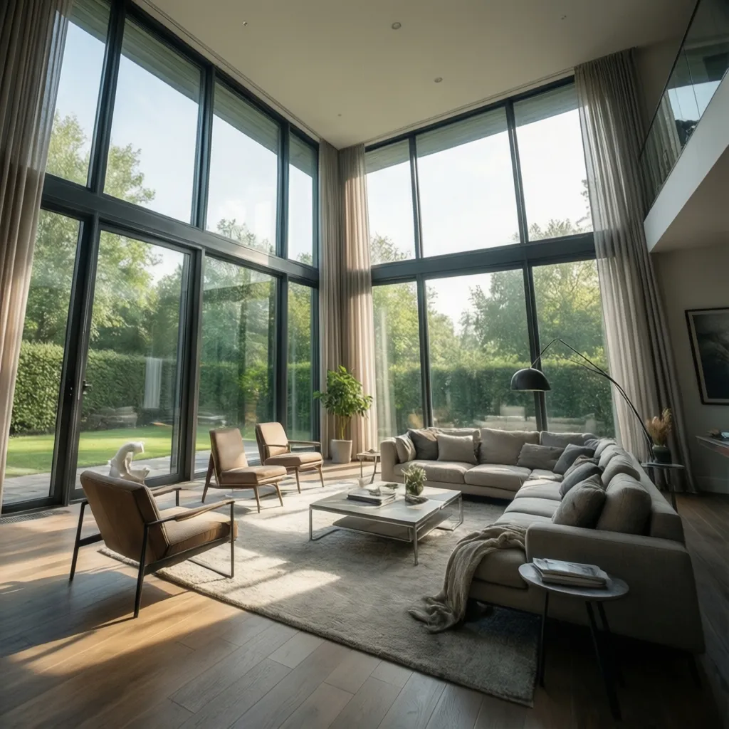Spacious modern living room with grey sofa wooden floor large windows and bright warm sunlight