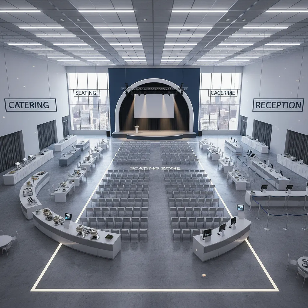 Large event venue layout divided into seating, stage, and catering zones