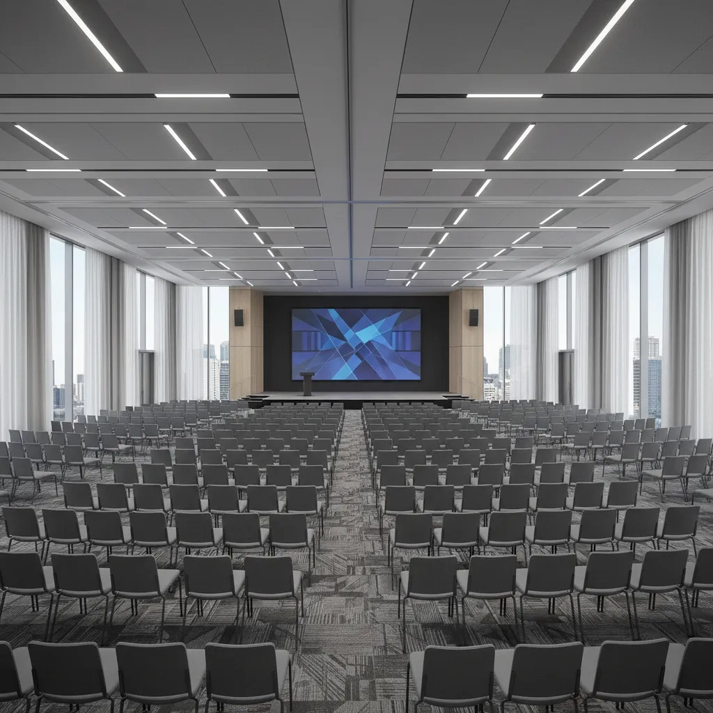 Large conference seating layout with rows of chairs and central stage