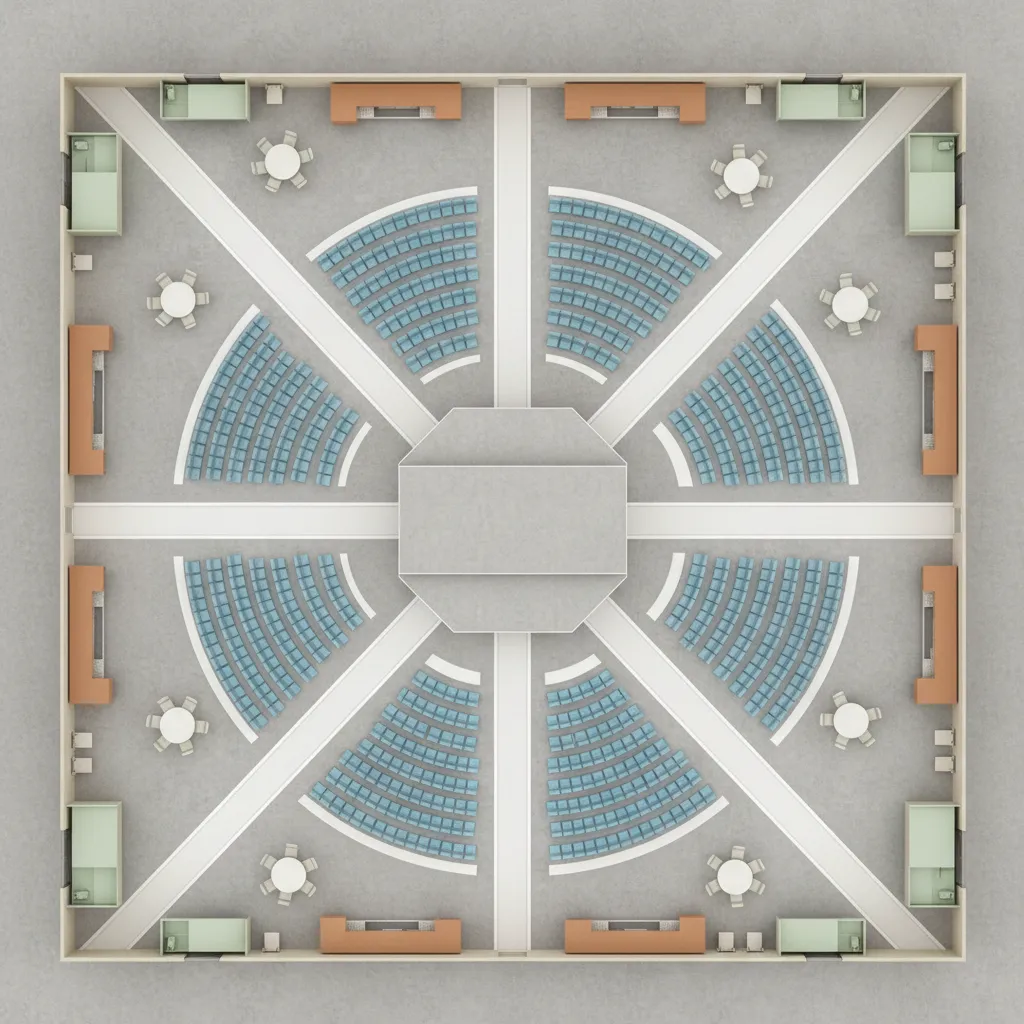 Large event venue floor plan with stage seating zones and service areas