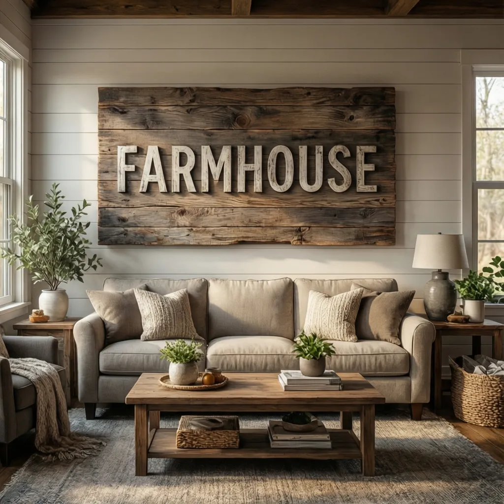 Large rustic wooden wall sign mounted on farmhouse living room wall