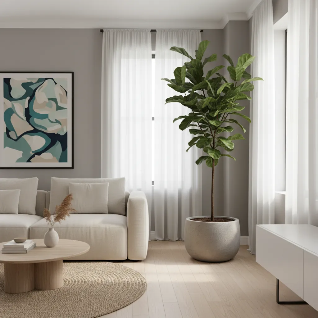 Maceta grande de suelo con planta en esquina del salón