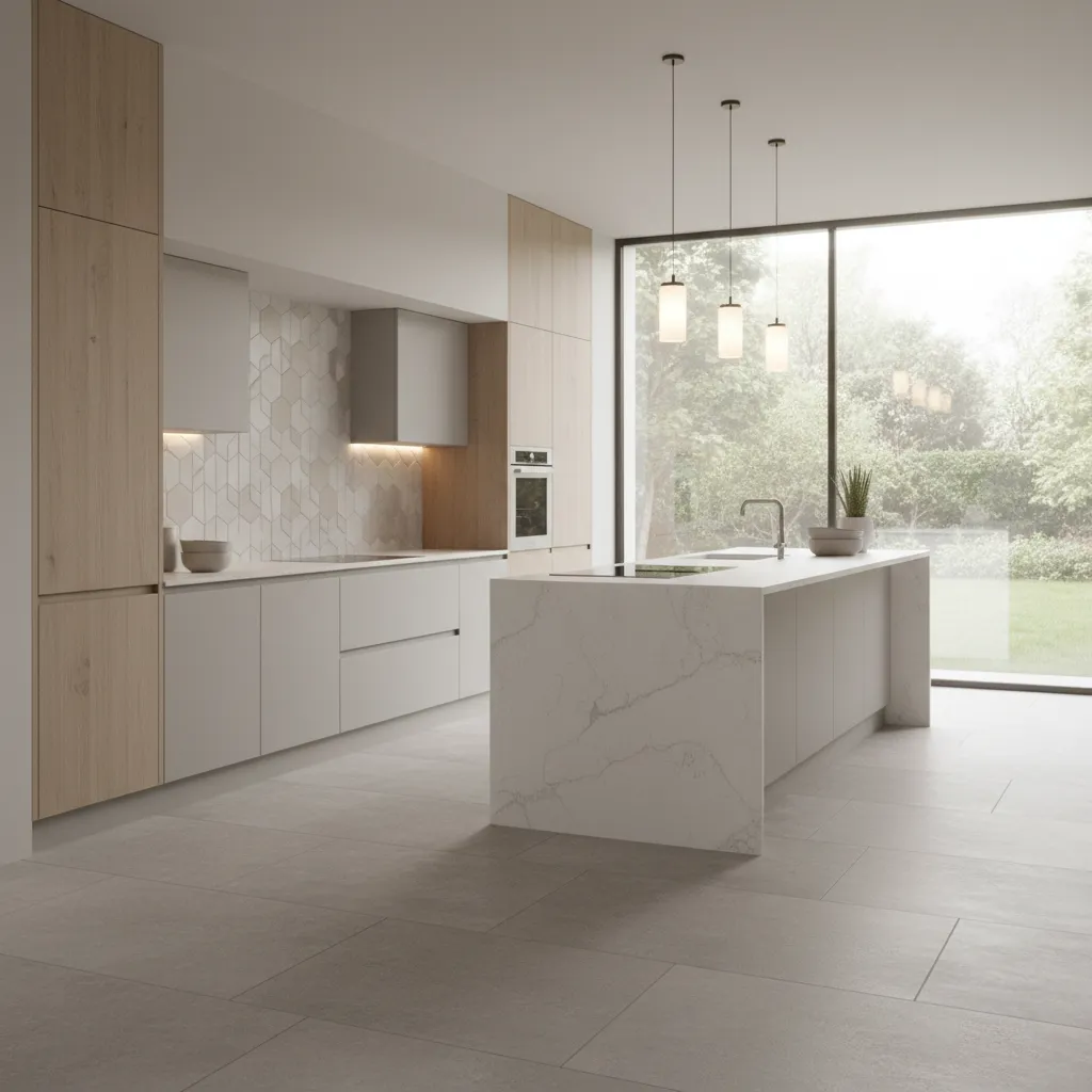 large kitchen floor tiles paired with geometric backsplash design
