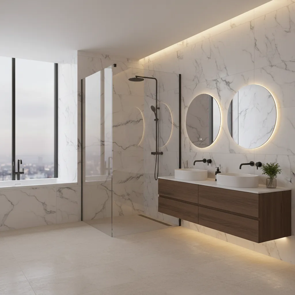 Luxury bathroom interior using large 600x1200 mm wall tiles