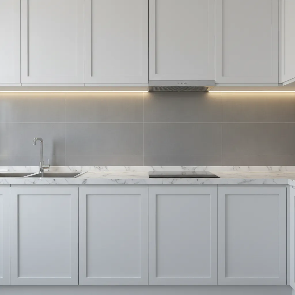 large format ash gray tiles used as kitchen backsplash
