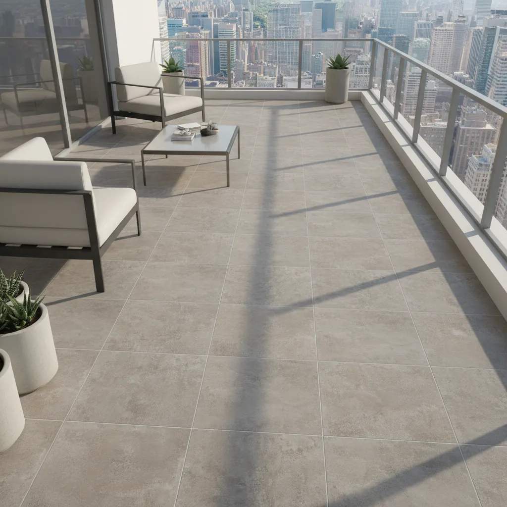 Large format balcony tiles installed in a modern apartment balcony