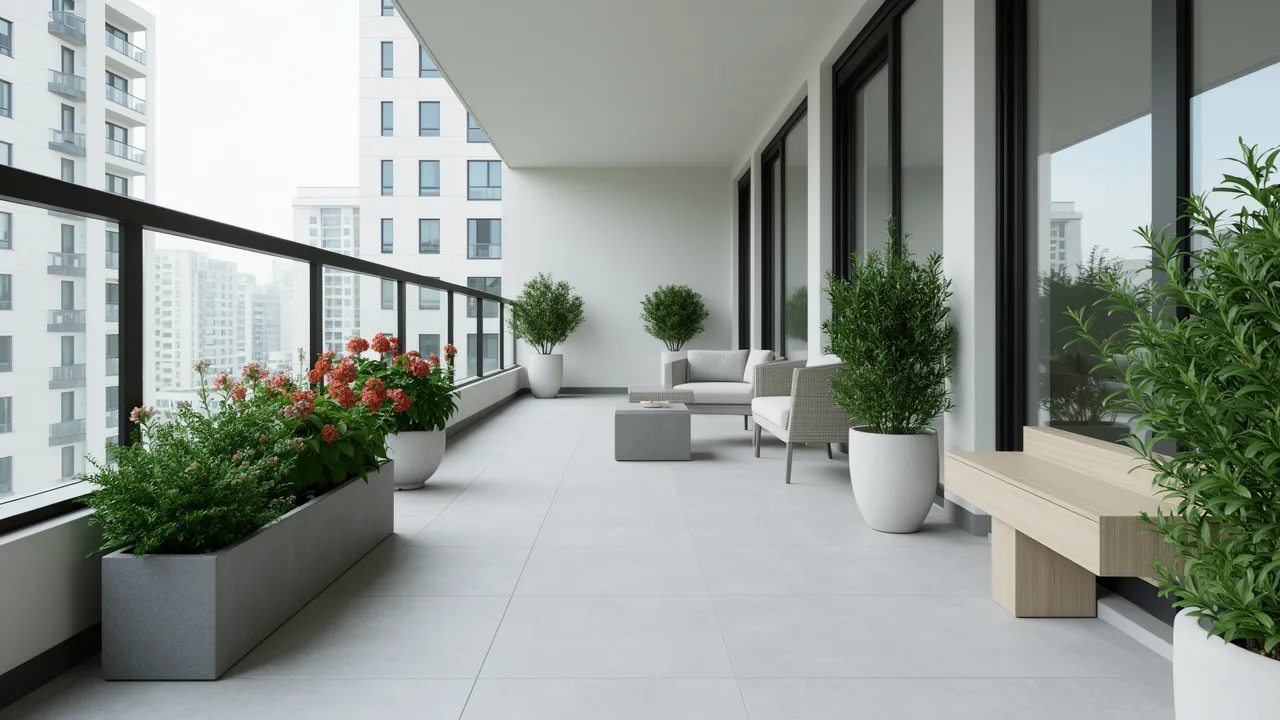 large format tiles used on apartment balcony floor to create spacious look