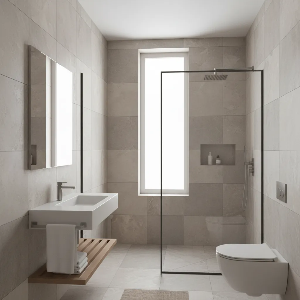Bathroom with large format floor and wall tiles creating a spacious look