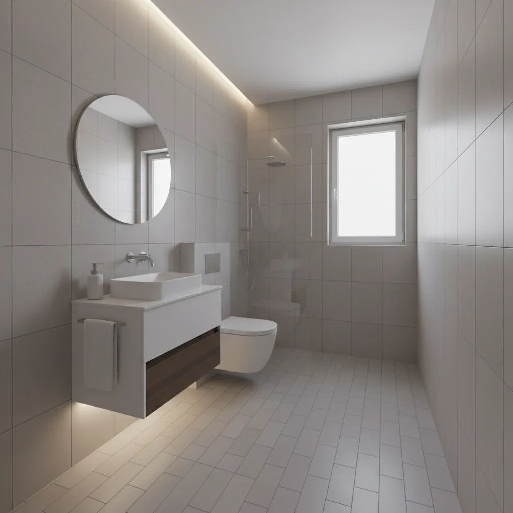 Bathroom floor using large format 12x24 tiles installed in a staggered layout