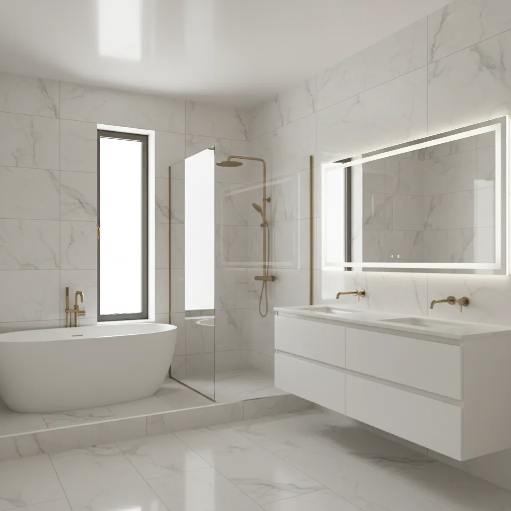Large format stone-look tiles surrounding modern white bathroom vanity