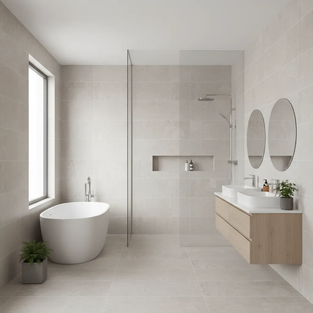 modern bathroom wall with large 600x1200 tiles and minimal grout lines