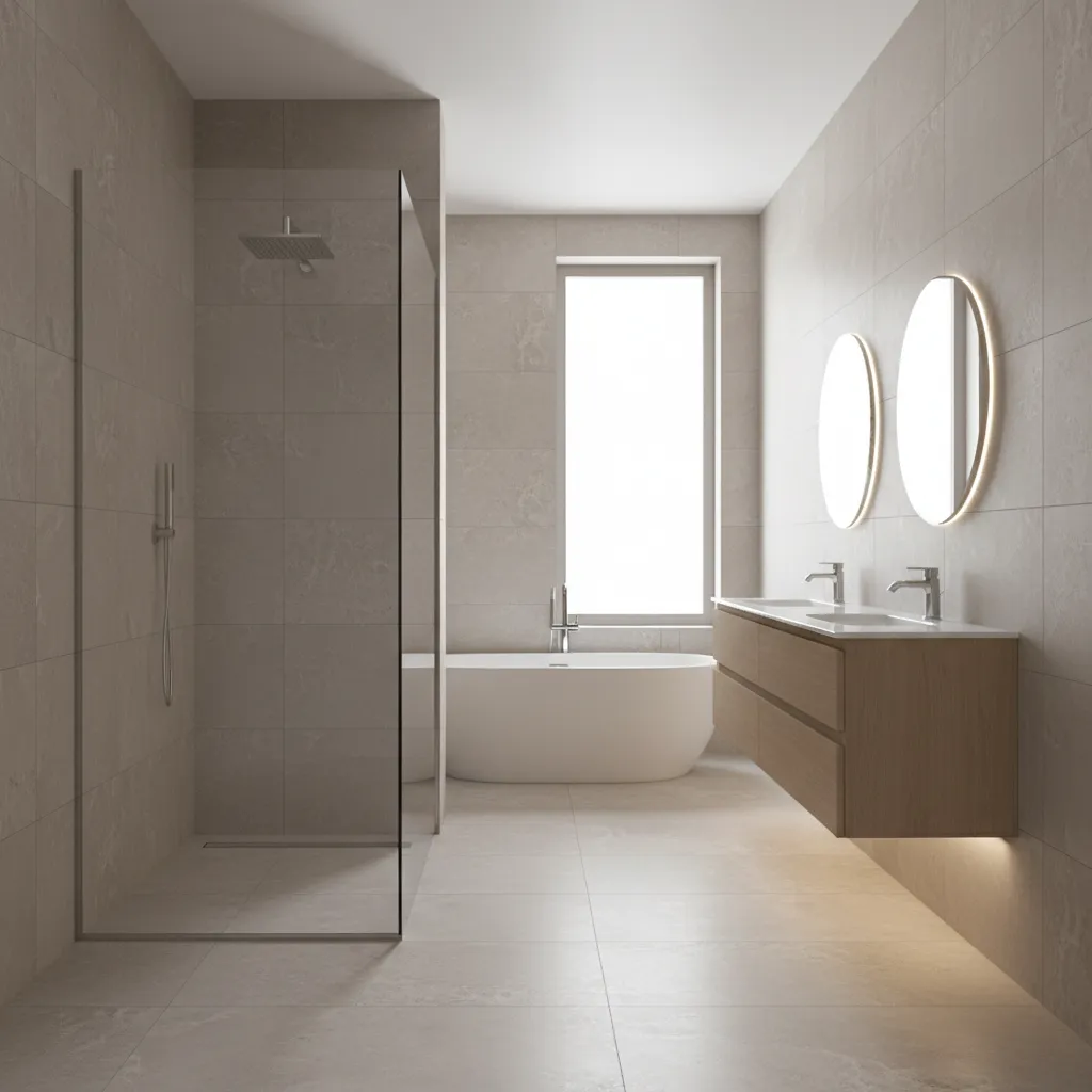 modern bathroom with large format porcelain tiles on walls and floor