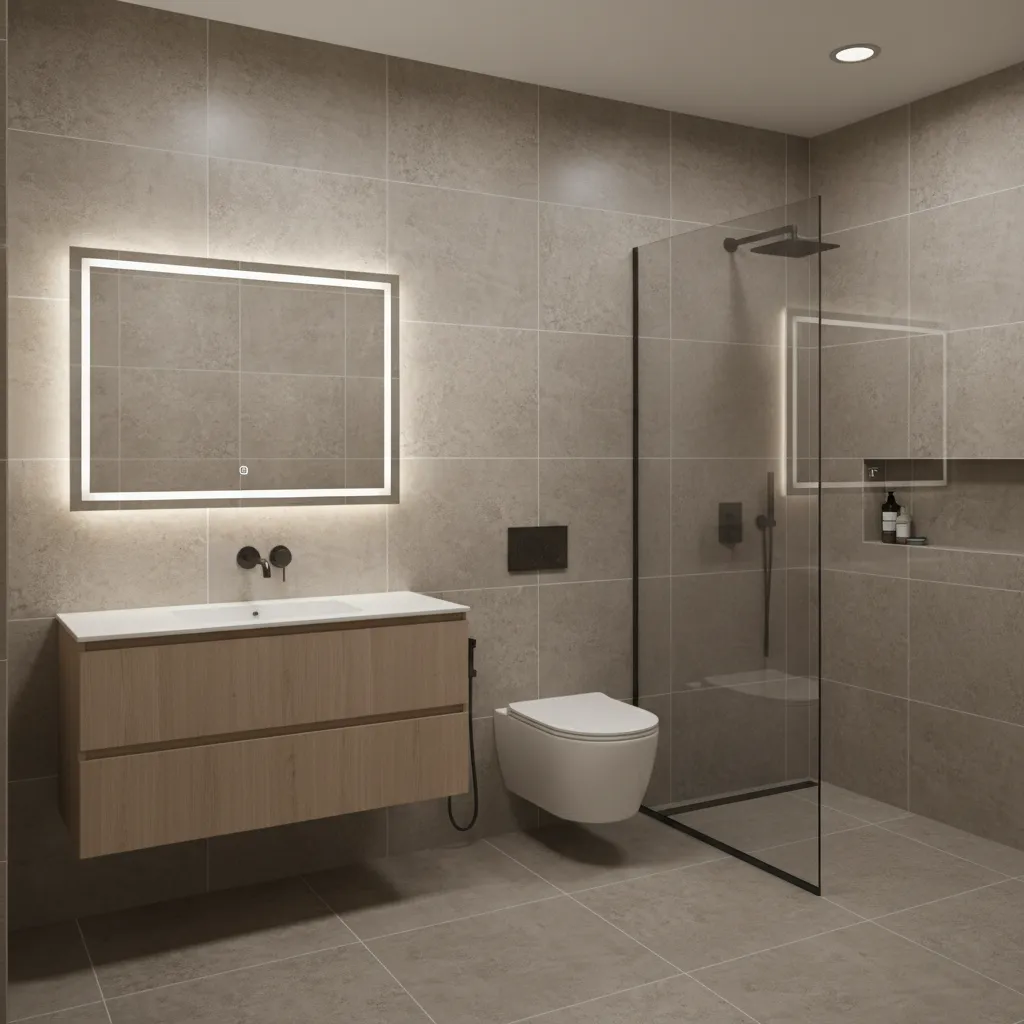 large format wall tiles in a modern Indian bathroom interior