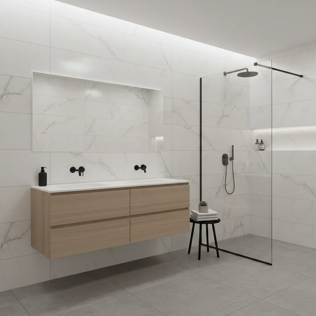 Modern bathroom with large 600x1200 wall tiles and minimal grout lines