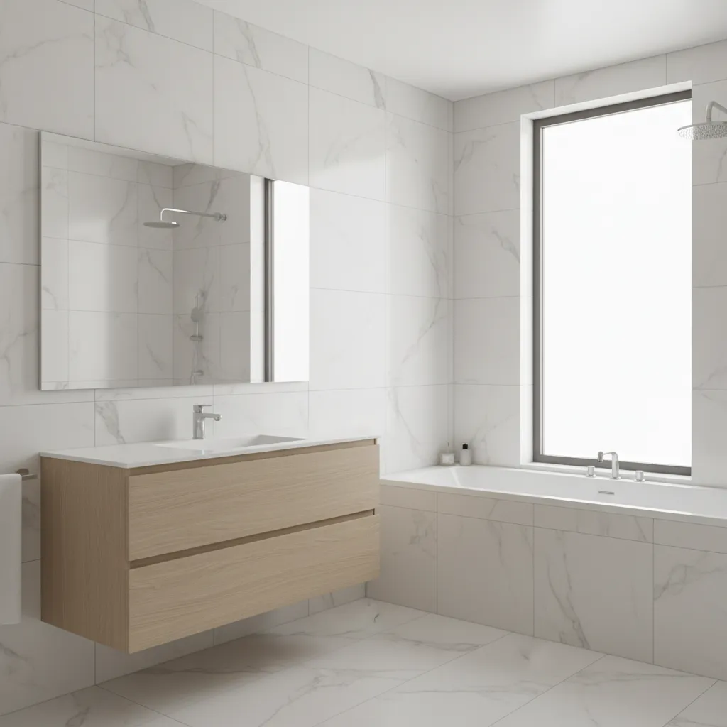 Bathroom interior using large format 600mm x 1200mm tiles on walls