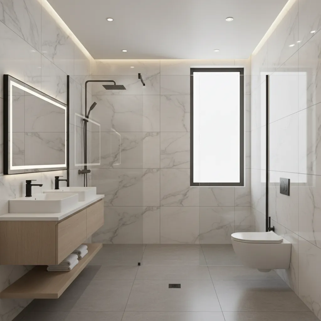 Large format porcelain bathroom wall tiles in modern apartment