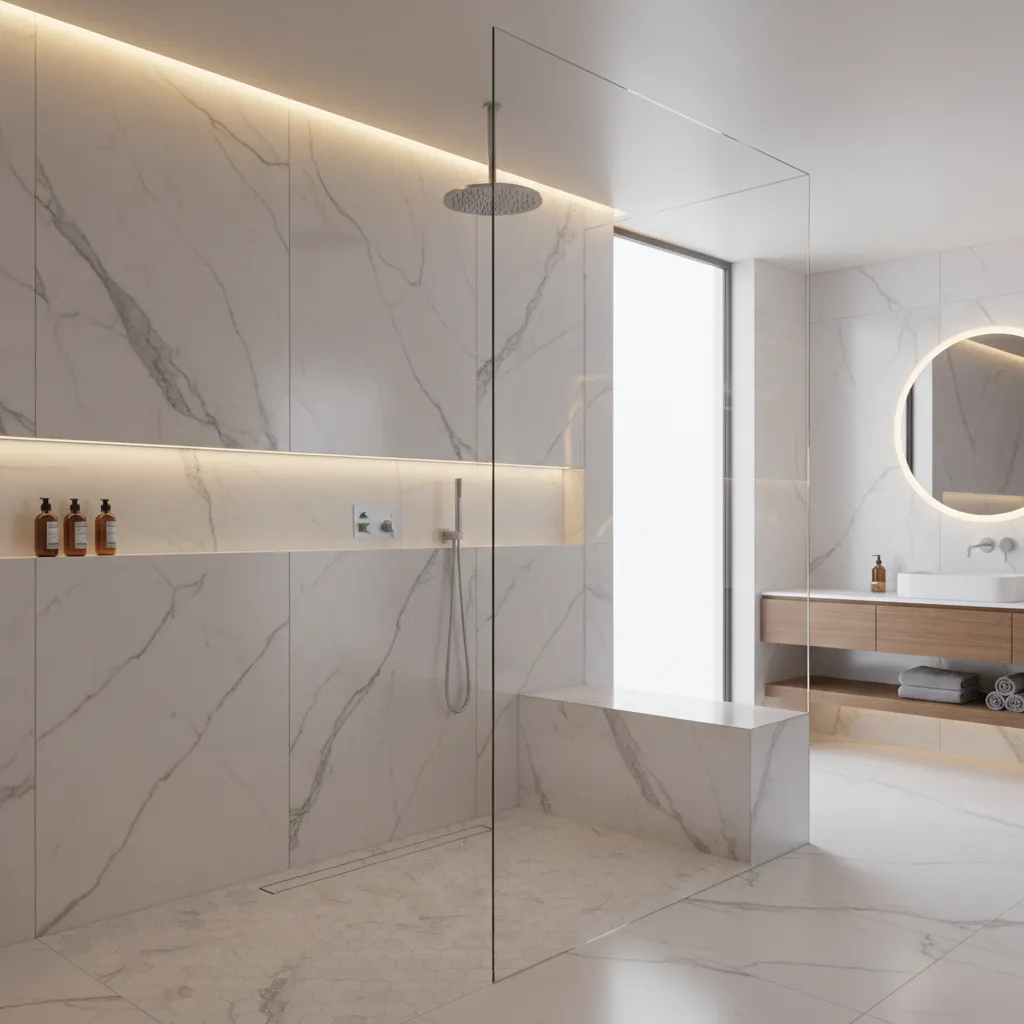 bathroom shower with large format porcelain wall tiles and minimal grout lines