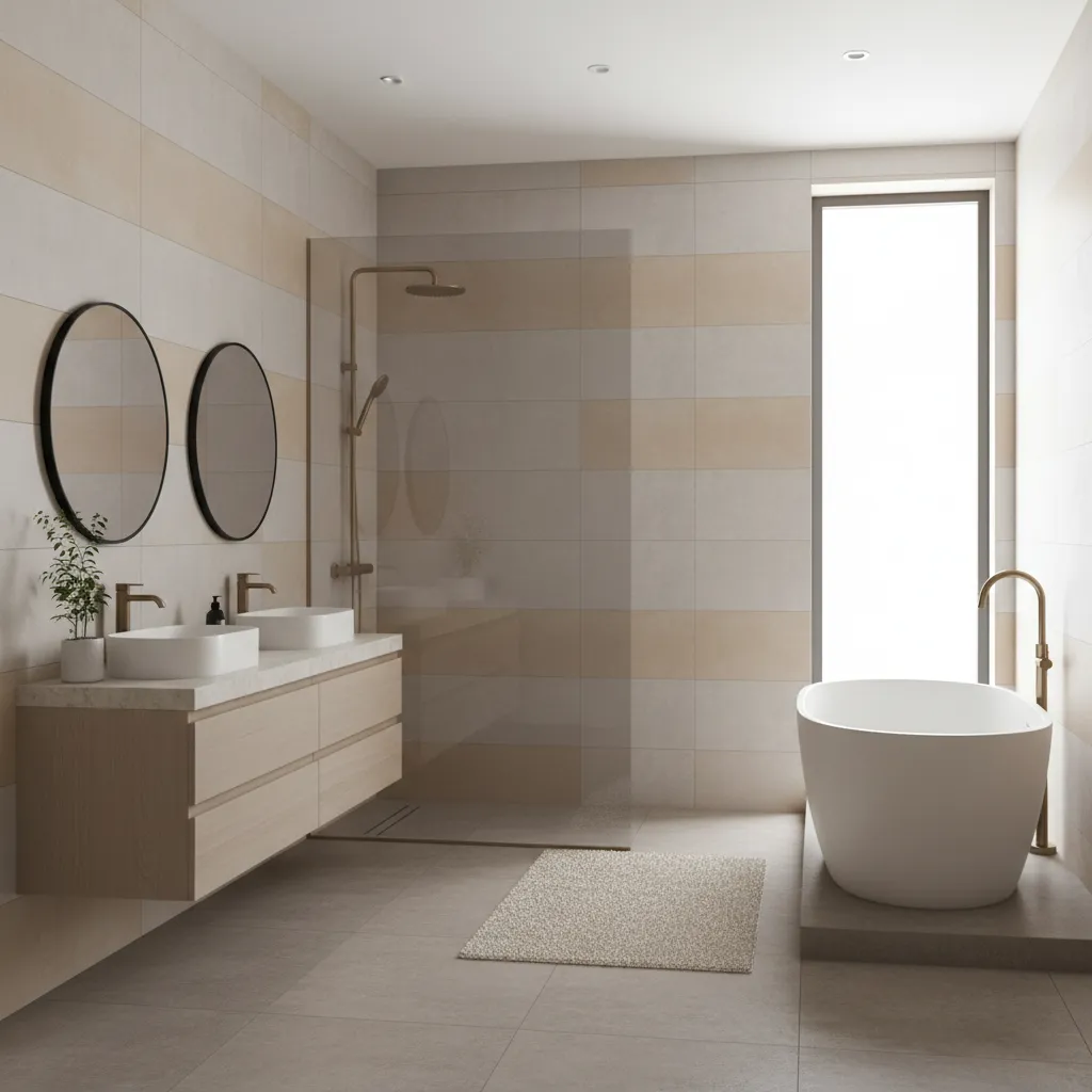 Bathroom with large format porcelain wall tiles and minimal grout lines