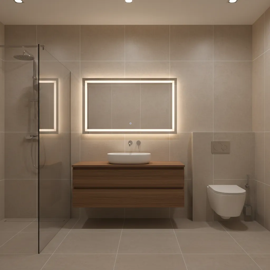 small Indian bathroom using large format neutral porcelain wall tiles