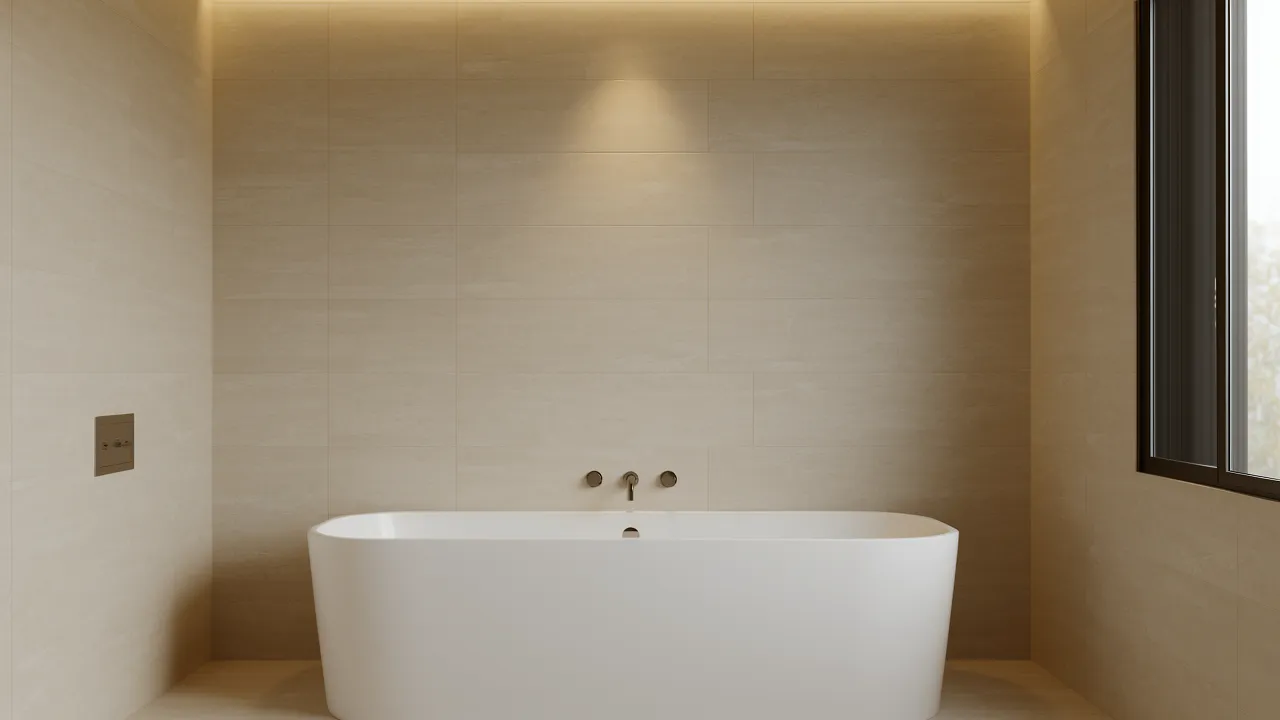 Large format porcelain tiles installed on bathtub walls with minimal grout lines