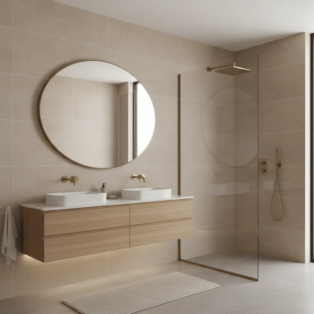 Large format beige bathroom wall tiles with minimal grout lines