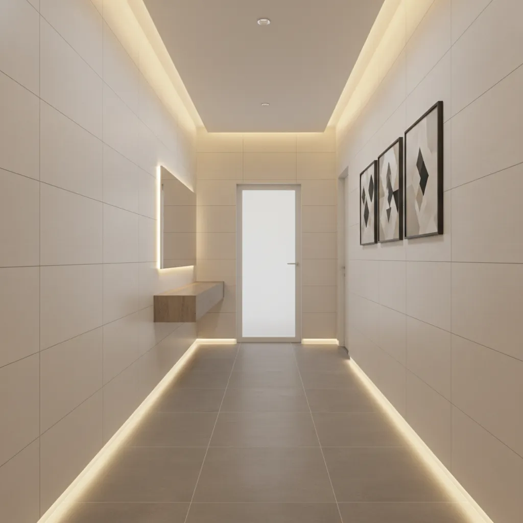 Large format tiles installed on corridor wall creating clean modern hallway design