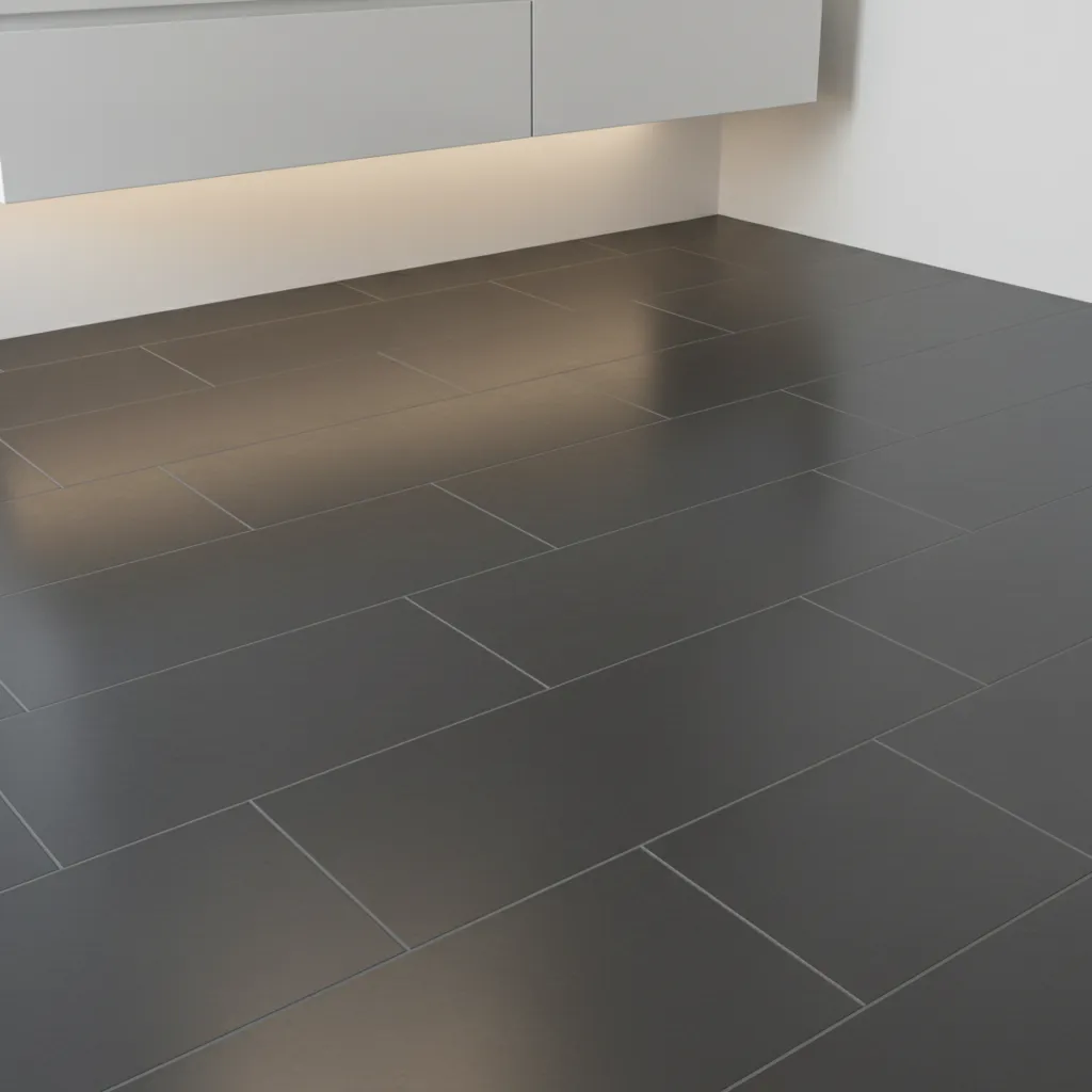Large format dark tiles used in a small bathroom floor