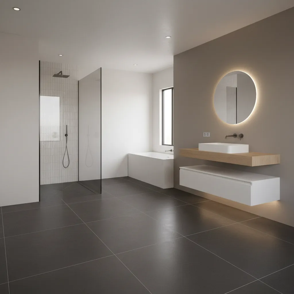 Large format dark tiles used in modern bathroom layout