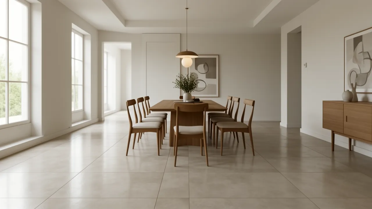 dining room with large format porcelain floor tiles and modern table