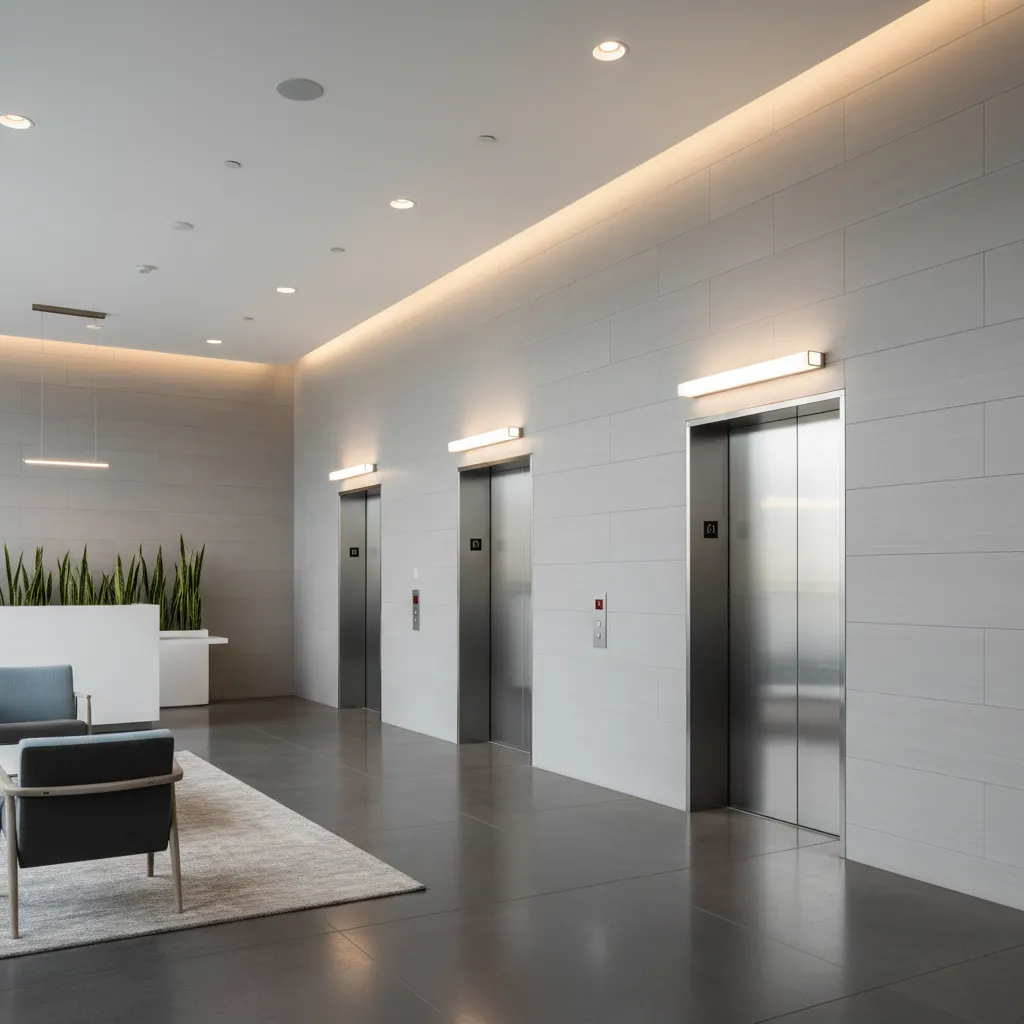Large format porcelain tiles installed around elevator doors in modern lobby