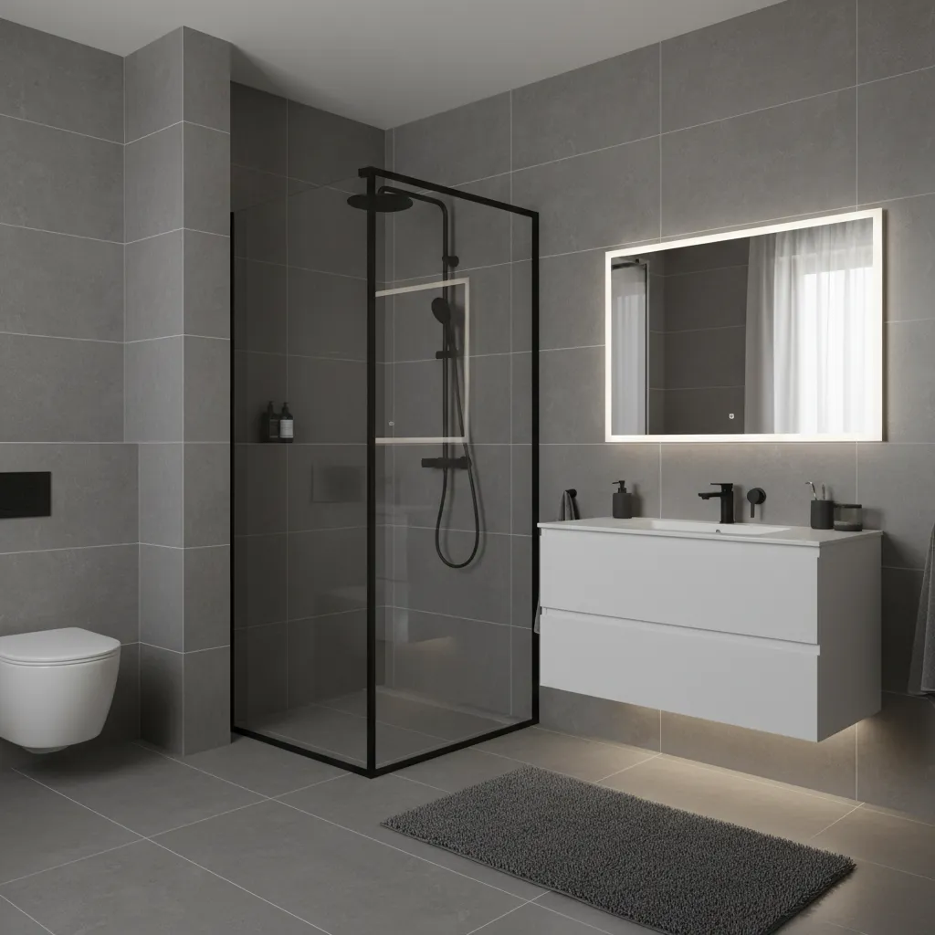 bathroom with large format grey tiles and black shower frame