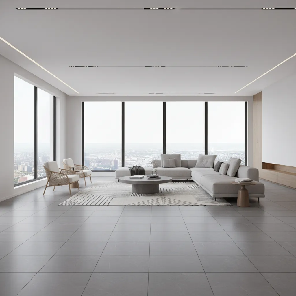 Large format grey tiles installed in a modern living room floor layout