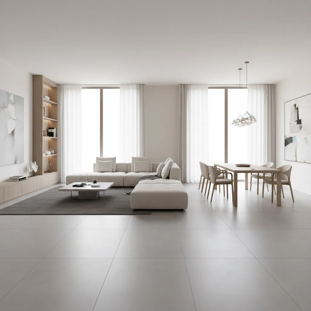 open concept living room with large format grey floor tiles
