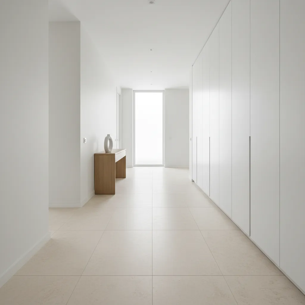 Hallway with large format light porcelain tiles and minimal grout lines