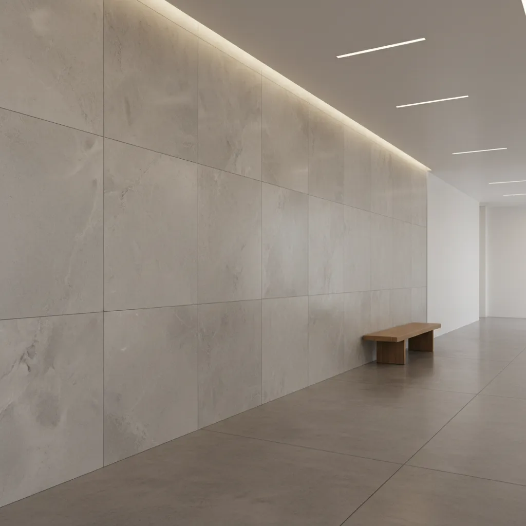 large format porcelain tiles installed on hallway wall