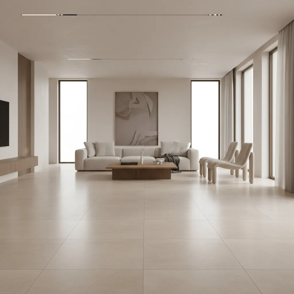 Large format porcelain tiles with minimal grout creating a seamless modern floor
