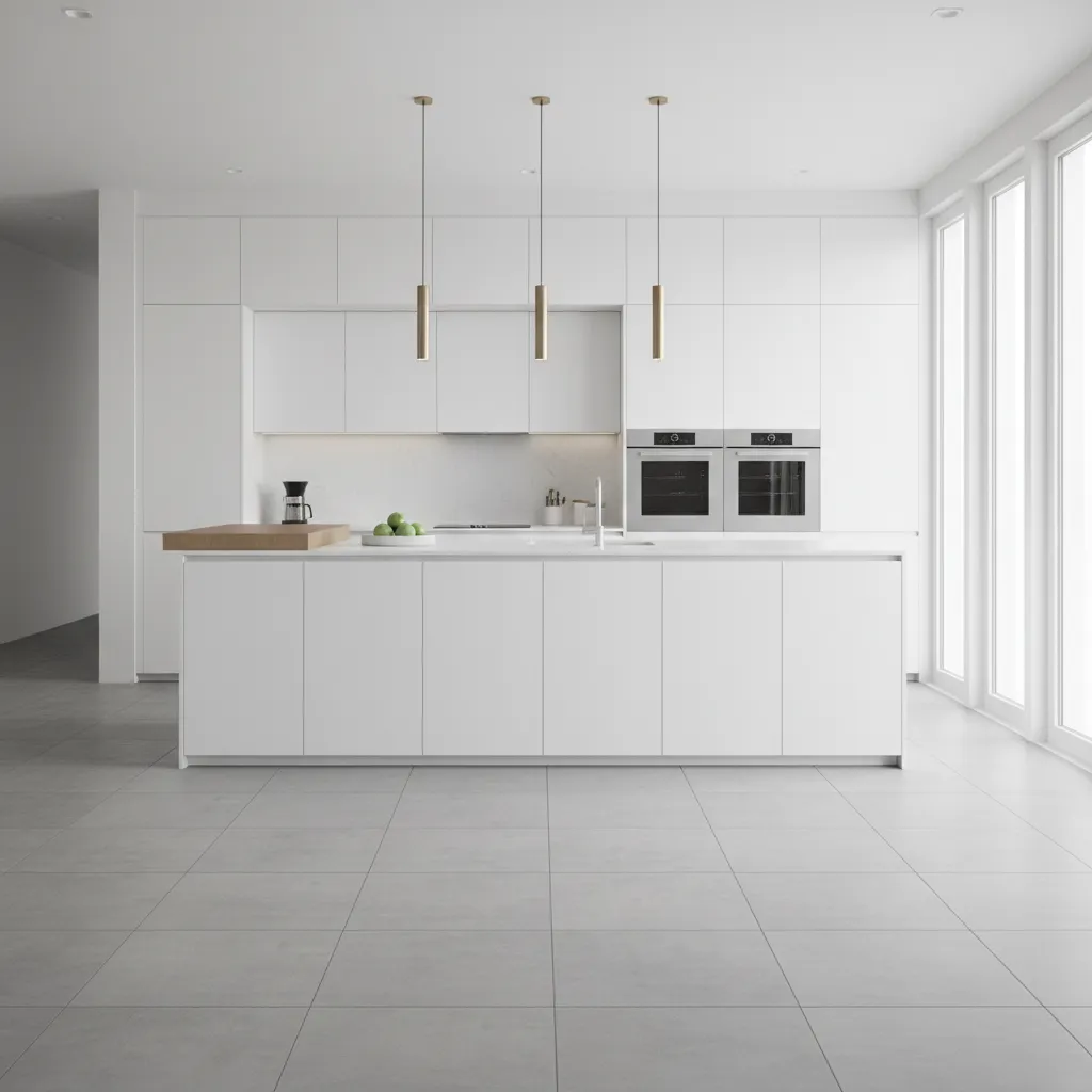 Large format porcelain kitchen floor tiles with white cabinets