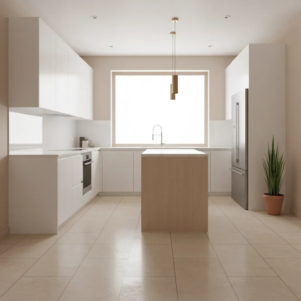 Large format neutral floor tiles in a compact kitchen