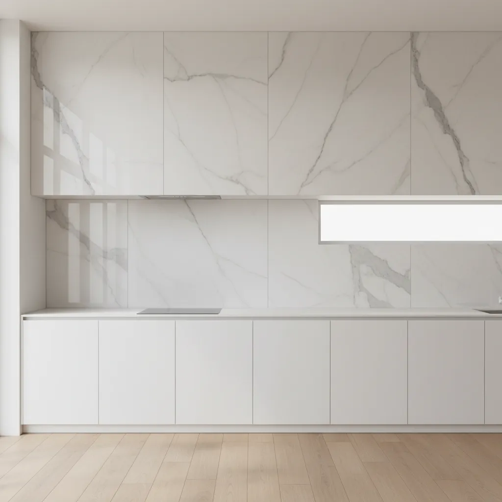 Large format marble look kitchen wall tiles with minimal grout lines