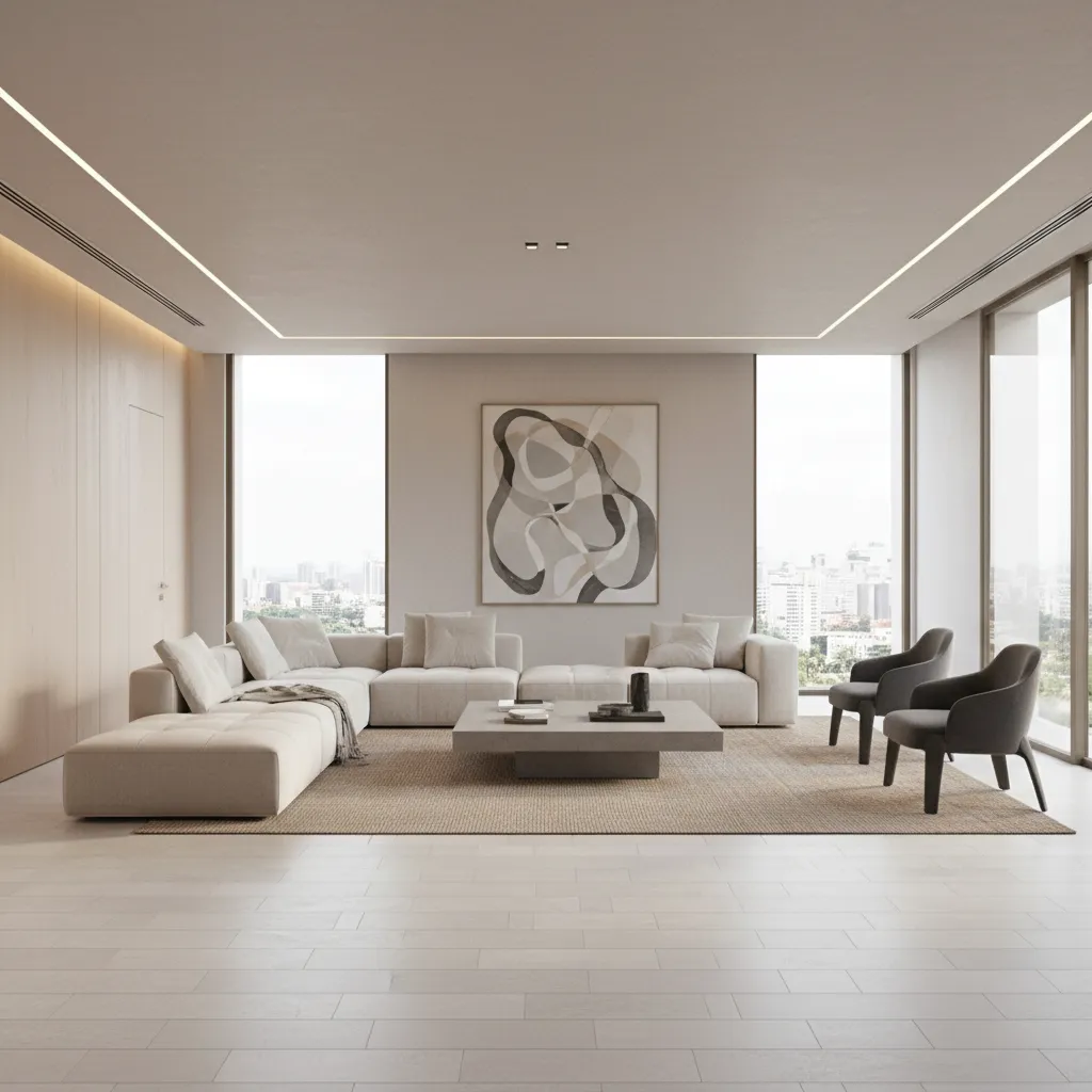 large format porcelain tiles installed in a modern living room