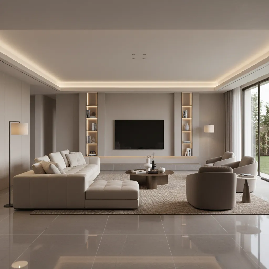 Large format modern living room floor tiles with minimal grout lines