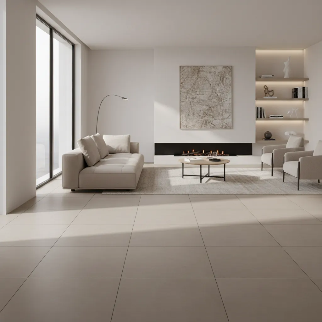 Large format porcelain tiles installed in a modern living room layout