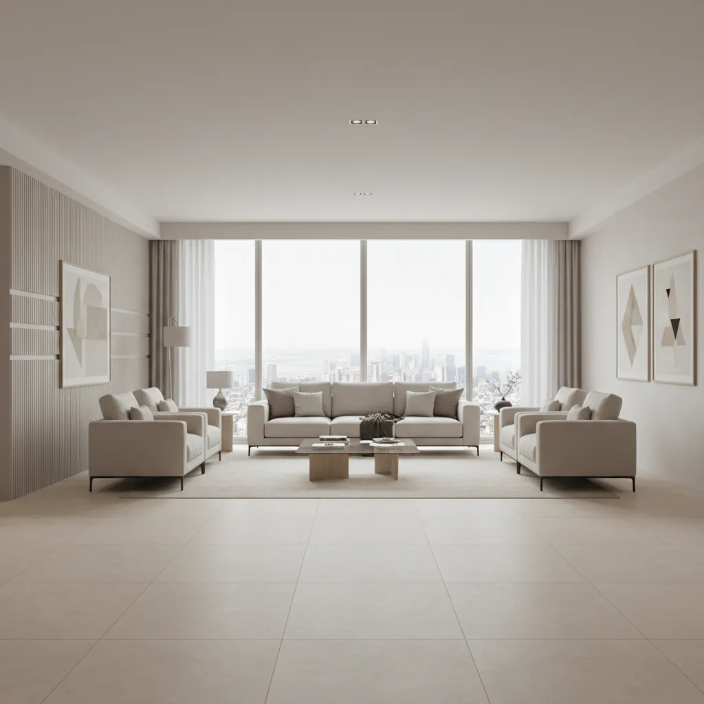 modern living room with large format beige porcelain floor tiles