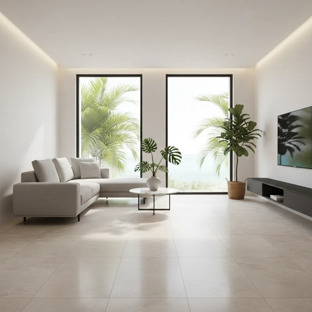 large format porcelain tiles in a modern minimalist living room