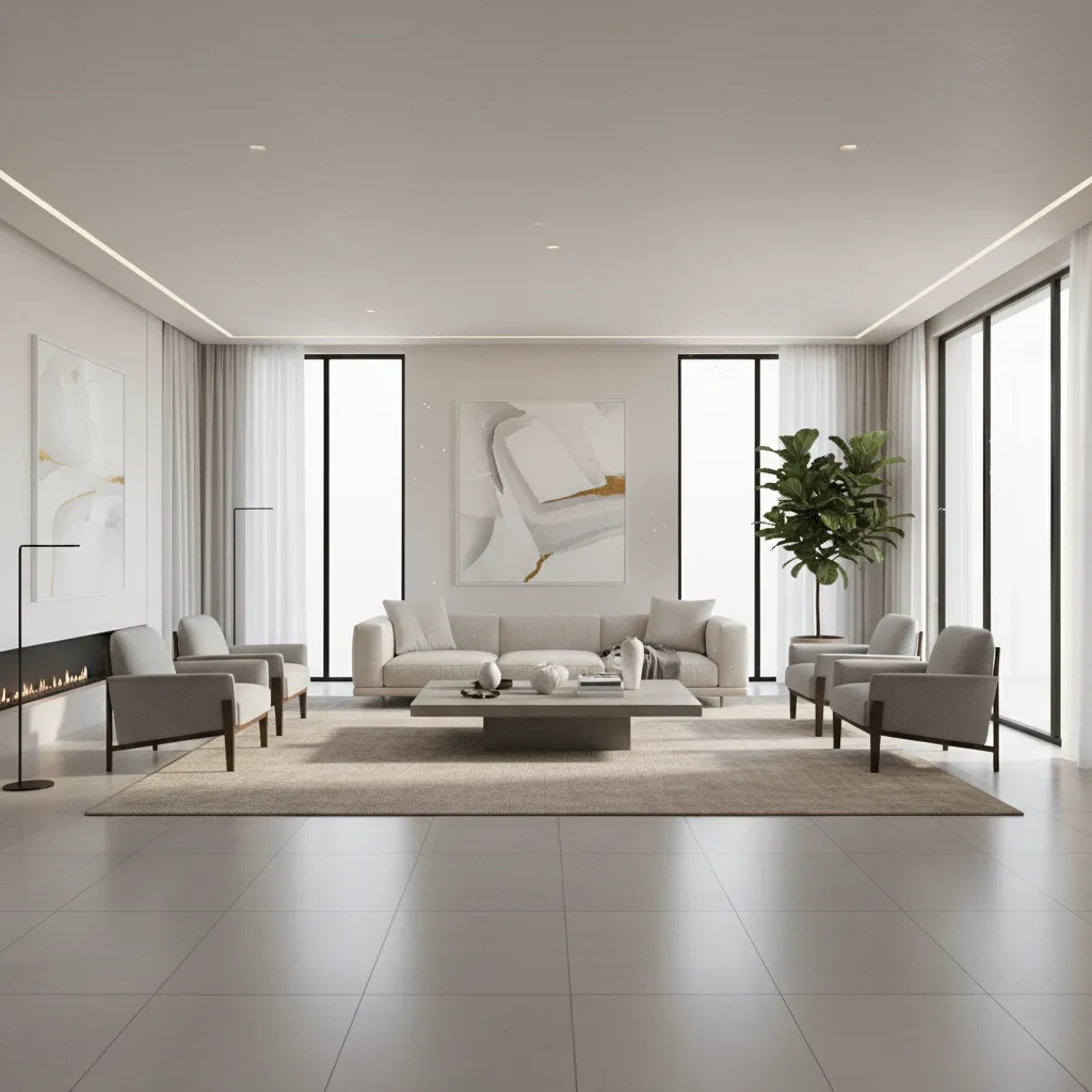 Spacious living room with large format porcelain floor tiles