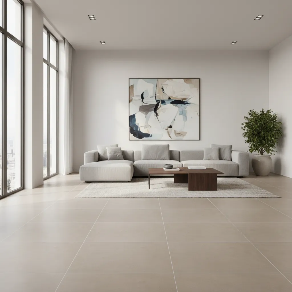 Living room floor with large format porcelain tiles and minimal grout lines